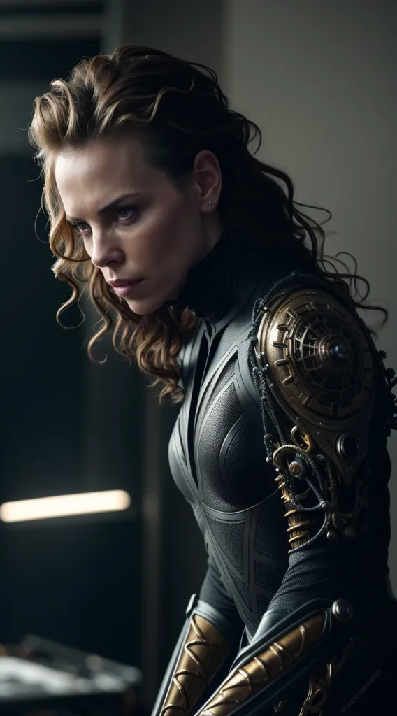 The image shows a woman with long brown hair, light makeup, and a black and gold cybernetic suit with intricate golden details. She is looking to the right of the frame with a serious expression on her face.