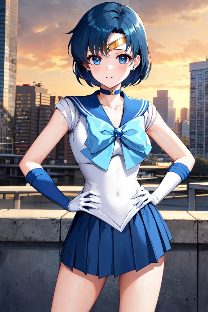 The image is of a young woman with short blue hair and blue eyes. She is wearing a white and blue sailor fuku with a blue bow at the front. She is also wearing white gloves and blue boots. She is standing on a rooftop with a city in the background. The sun is setting and the sky is a gradient of orange and yellow.