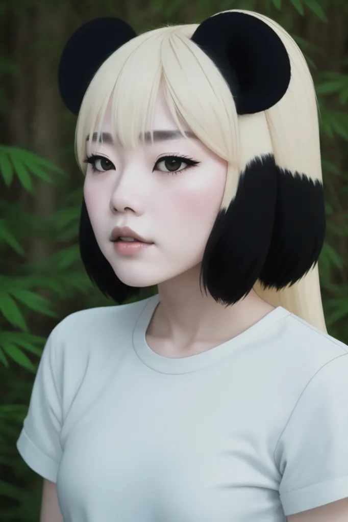 The image shows a young woman with blonde and black hair styled like panda ears. She is wearing a white t-shirt and has a neutral expression on her face. The background is blurred and consists of green foliage.