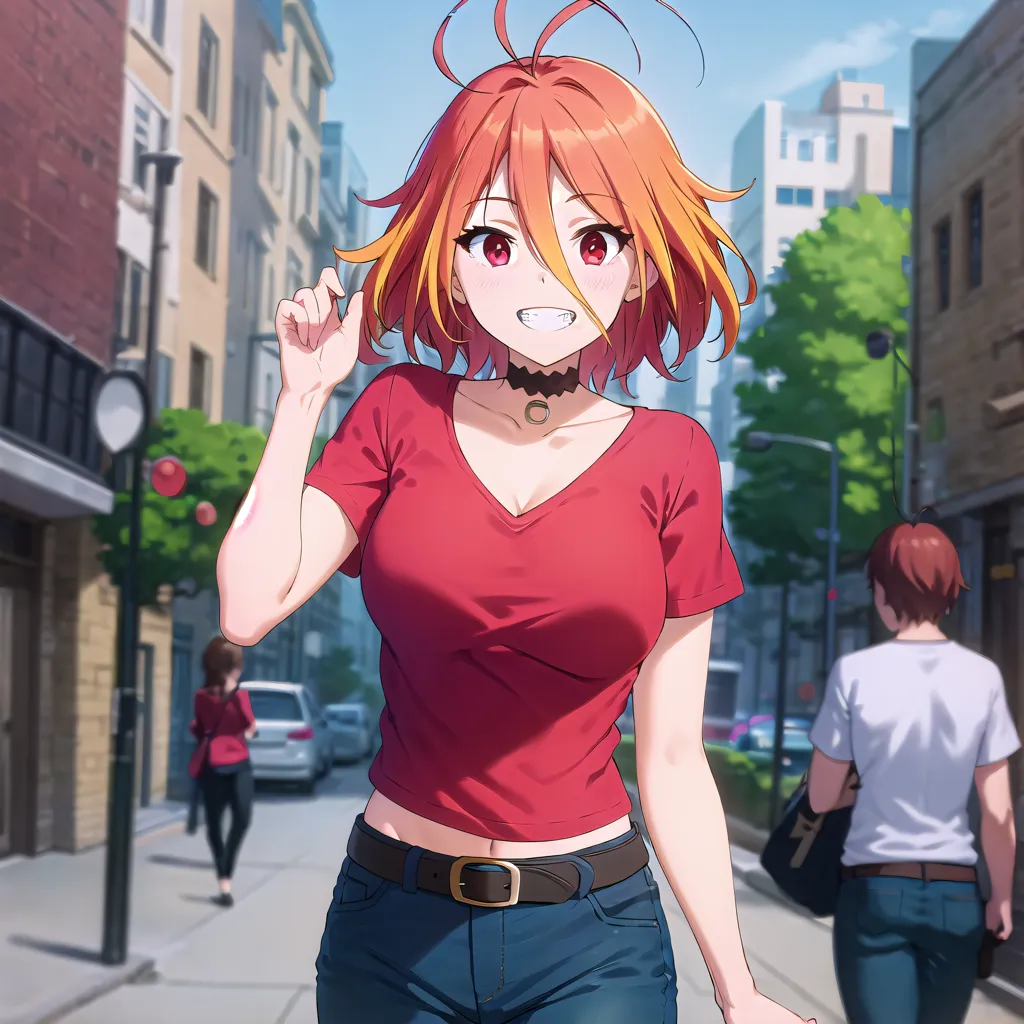 This is an image of a young woman with orange hair and red eyes. She is wearing a red t-shirt, blue jeans, and a brown belt. She is standing on a city street with buildings and cars in the background. The woman is smiling and has her hand raised in the air.