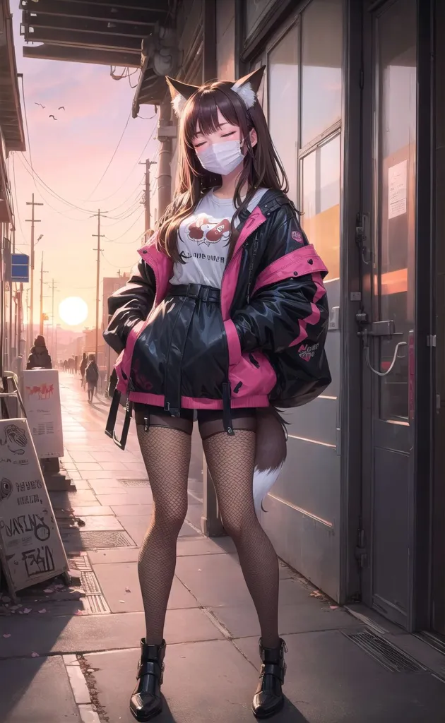 The image is of a young woman with long brown hair and fox ears. She is wearing a white T-shirt, a pink and black jacket, and a black skirt. She also has a pair of black boots and a mask on her face. She is standing in front of a door with a city street in the background.