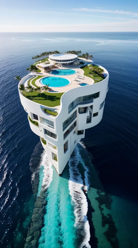 The image shows a large, white, futuristic house that is half-submerged in the ocean. The house has several decks with palm trees, pools, and lounge chairs. It also has a large garage with a speedboat. The house is surrounded by the ocean and there are no other buildings in sight. The water is a deep blue color and the sky is clear.