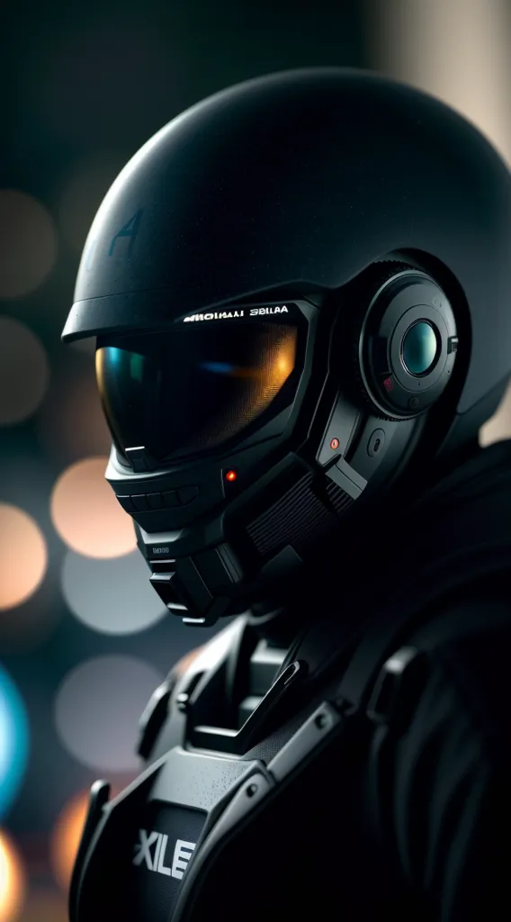 The image is of a person wearing a black futuristic helmet. The helmet has a dark visor and a red light on the side. The person is wearing a black suit of armor. The image is dark and has a blue and orange tint.