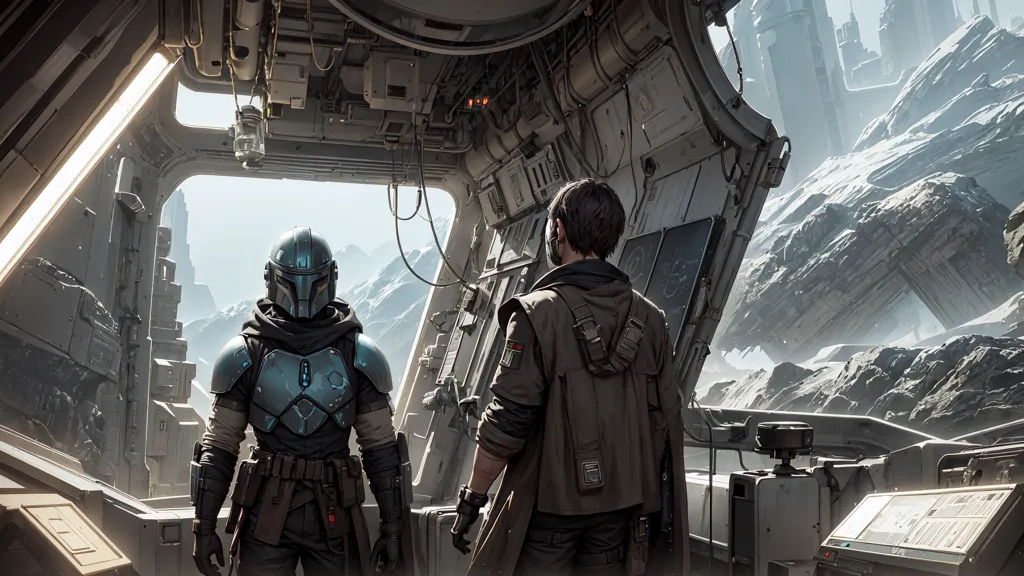 The image shows a scene from the Star Wars universe. Two characters are standing in a spaceship, looking out at a snowy landscape. The character on the left is wearing Mandalorian armor, and the character on the right is wearing a brown jacket and a scarf.