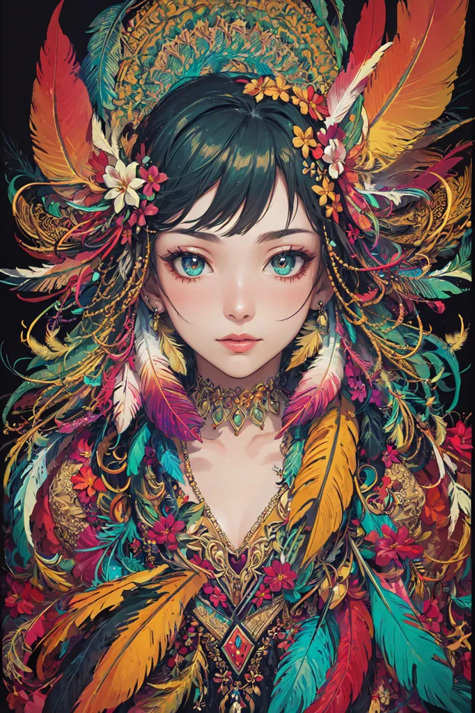 This image shows a young woman with long black hair and blue eyes. She is wearing a feathered headdress and a colorful necklace. Her face is painted with intricate designs, and she has flowers in her hair. The background is dark, and there are feathers and flowers all around her.