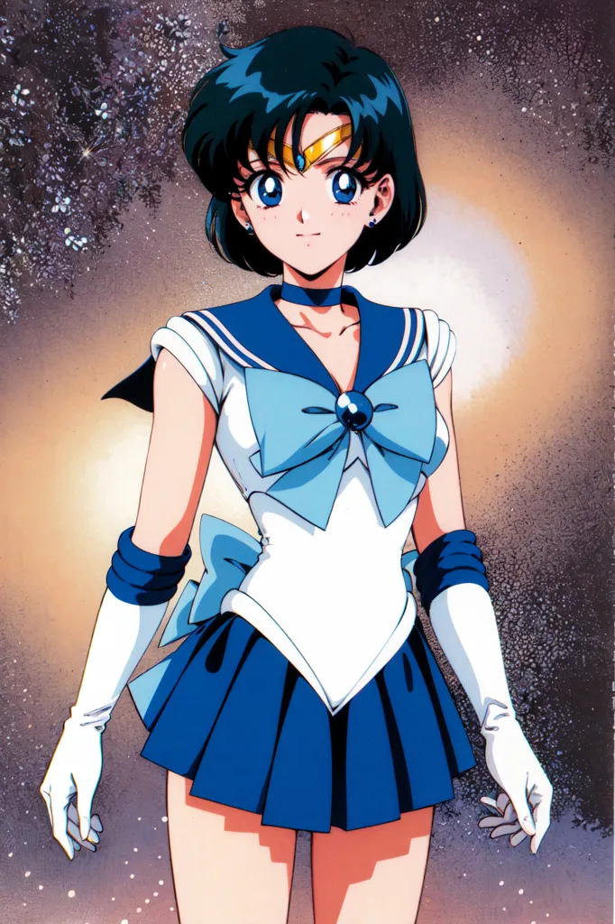 The image shows a young woman with short dark blue hair and blue eyes. She is wearing a white and blue sailor-style outfit with a blue bow at the center of her chest. She is also wearing white gloves and blue boots. She has a serious expression on her face and is standing in front of a dark blue background with a crescent moon in the top right corner.