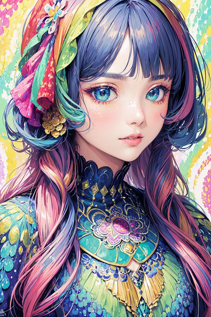 This is a digital painting of a young woman with long, flowing hair. The woman's hair is a rainbow of colors, with blue, pink, and purple being the most prominent. The woman's eyes are a deep blue color, and her skin is fair. She is wearing a colorful dress with a white collar. The dress is decorated with gold and silver accents. The woman is also wearing a necklace and earrings. The background of the painting is a bright yellow color.