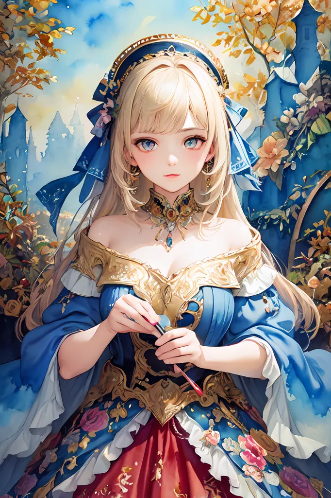 The image is a painting of a beautiful young woman with long blonde hair and blue eyes. She is wearing a blue and gold dress with a white underskirt. The dress is trimmed with gold and has a sweetheart neckline. The woman is also wearing a necklace and earrings. Her hair is styled with a blue ribbon and she has a small crown on her head. The woman is standing in front of a blue background with a castle in the distance. There are also some trees and flowers in the background. The painting is done in a realistic style and the colors are vibrant and lifelike.