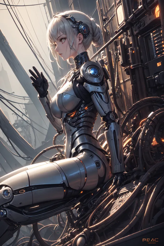 The image is a digital painting of a female cyborg. She is sitting on a pile of scrap metal and has one hand raised in the air. She is wearing a silver bodysuit with black and orange highlights. Her hair is white and pulled back into a bun. Her eyes are blue and her skin is pale. The background of the image is a dark and dirty cityscape. There are large buildings and structures in the distance and a large amount of debris on the ground. The image is post-apocalyptic and has a dark and gritty atmosphere.