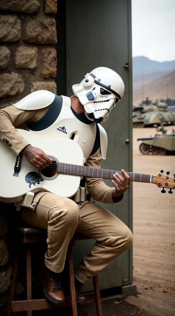 A imagem mostra um homem usando um capacete de Stormtrooper de Star Wars e tocando um violão acústico. Ele está sentado em um banquinho em frente a um edifício de pedra. Há vários tanques militares ao fundo. O homem está usando uma camiseta branca, calças marrons e sapatos marrons. O violão é branco com um protetor de escudo preto. O homem tem uma tatuagem no braço direito. Ele está dedilhando o violão com a mão direita e pressionando as cordas com a mão esquerda. Ele tem uma expressão relaxada no rosto.