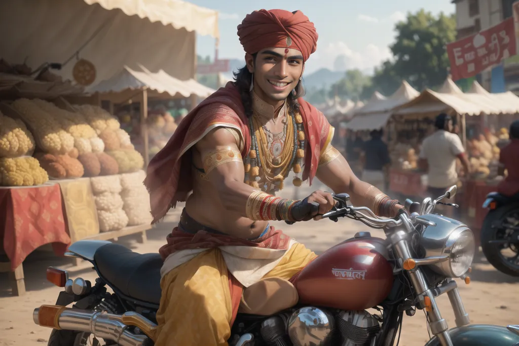 La imagen muestra a un hombre joven de ascendencia india, que lleva un turbante rojo y una camisa amarilla, montando una motocicleta. Él está en un mercado, con muchos puestos y personas en el fondo. El hombre está sonriendo y tiene una expresión confiada en su rostro.