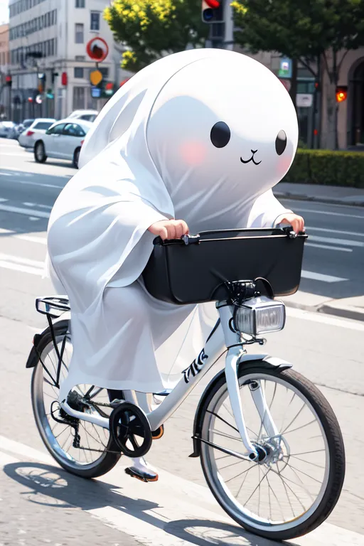 La imagen muestra un fantasma montando una bicicleta por una calle de la ciudad. El fantasma lleva una sábana blanca con una cara de fantasma dibujada en ella. También lleva un moño rosa. La bicicleta es blanca y tiene una canasta negra en la parte delantera. El fantasma está montando en medio de la calle con coches aparcados a ambos lados. Hay un edificio a la izquierda y un semáforo a lo lejos. La imagen es linda y divertida.