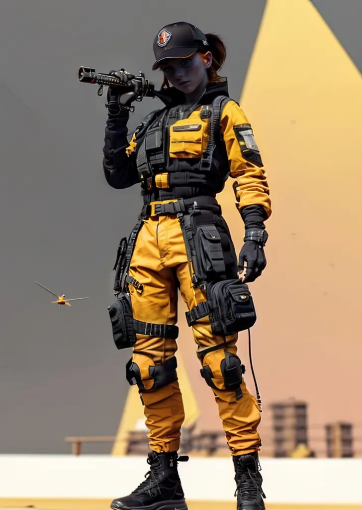 Uma mulher com um boné preto e equipamento tático amarelo está segurando uma arma. Ela está usando um colete preto com faixas amarelas e um cinto utilitário amarelo. Ela também está usando luvas e botas pretas. Há um patch amarelo em seu braço esquerdo e um patch preto em seu braço direito. Ela está em pé em uma sala escura com uma luz amarela brilhando sobre ela.