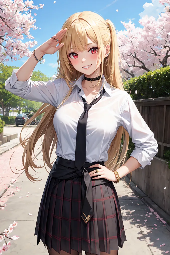 The image shows a young woman with long blonde hair and red eyes. She is wearing a white shirt, a black tie, and a gray skirt. She has a black belt on her waist. She is standing in a street with cherry blossoms falling around her. She has one hand on her head in a salute and the other on her hip.