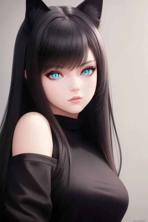 The image is a digital painting of a young woman with cat ears. She has long, black hair, blue eyes, and a slightly tanned skin. She is wearing a black off-the-shoulder shirt. The image is drawn in a realistic style, and the artist has paid close attention to detail. The woman's expression is one of calm confidence, and she seems to be looking at the viewer with a hint of curiosity. The image is set against a solid white background, which helps to make the woman stand out.