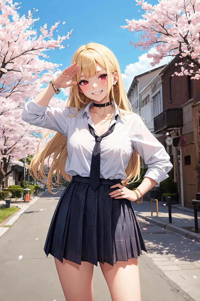 La imagen muestra a una mujer joven de pie en una calle con árboles de cerezo a ambos lados. Lleva una camisa blanca, una falda plisada gris, una corbata y un collar negro. Tiene el cabello rubio y los ojos rojos. Está sonriendo y saludando con la mano derecha. Hay edificios de fondo.