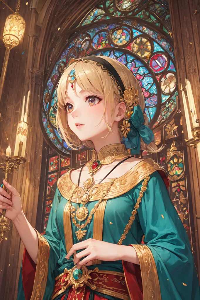 The image is of a young woman with long blonde hair and blue eyes. She is wearing a green and gold dress with a white cape. There is a stained glass window behind her. She is holding a candle in her right hand.