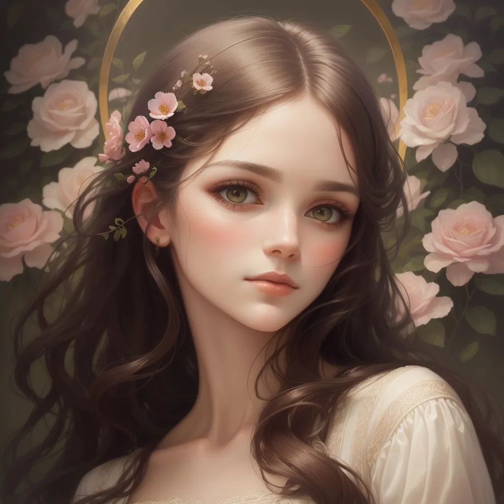 The image is a portrait of a beautiful young woman with long, wavy brown hair. She has fair skin and light green eyes. She is wearing a white dress with a square neckline. There are pink roses in her hair and around her head like a halo. The background is a dark green with a golden glow around her head.