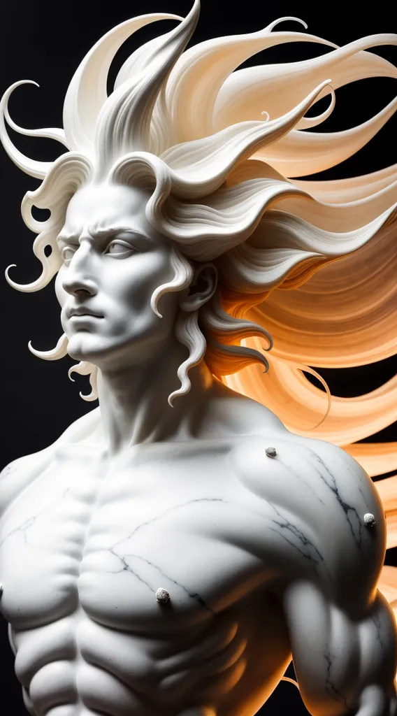 The image is a white marble statue of a young man with long, flowing hair. The man's hair is detailed with individual strands and curls, and his face is serene with a hint of sadness. The statue is lit from the right side, which highlights the man's muscles and the details of his hair. The statue is set against a black background, which makes it stand out.