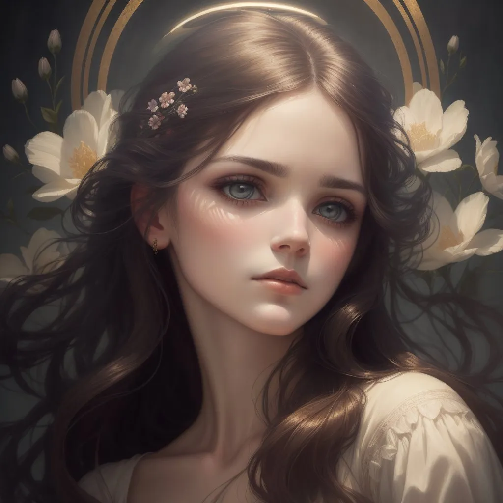 The image is a portrait of a young woman with long brown hair and blue eyes. She is wearing a white dress with a square neckline. The background is dark with a golden halo around her head. There are white flowers in her hair and on the left side of her head. She is looking at the viewer with a serious expression.