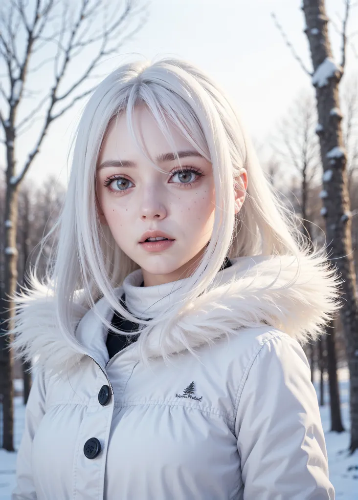 The image shows a young woman with long white hair and blue eyes. She is wearing a white winter coat with a fur collar. The background is a blurred forest with snow on the trees. The woman is looking at the camera with a slightly open mouth. Her expression is one of surprise or wonder.