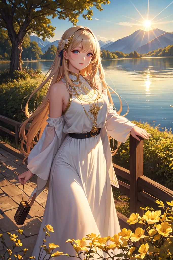 The image is a painting of a beautiful young woman with long blonde hair and blue eyes. She is wearing a white dress with a gold belt and has a gold necklace around her neck. She is standing on a wooden dock near a lake, with a large tree behind her. In the background, there are mountains. The sun is setting, and the sky is a bright orange. The image is very detailed, and the artist has used a variety of colors to create a realistic and lifelike painting.