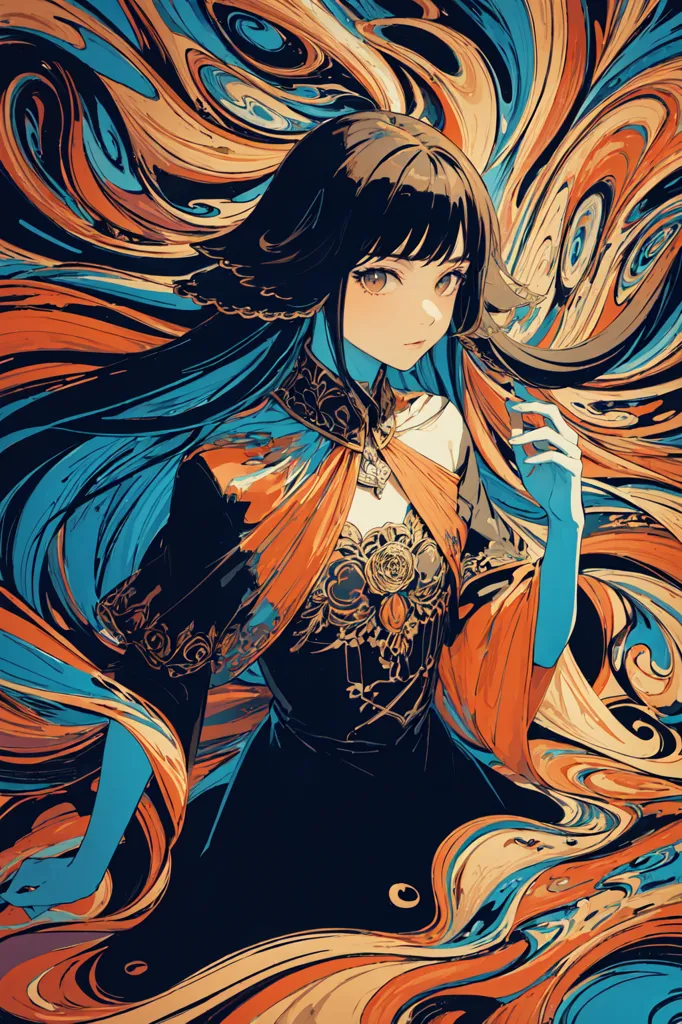 The image is a painting of a young woman with long black hair. She is wearing a black dress with orange and blue details. The background is a swirling mass of blue and orange. The woman's eyes are orange and her skin is fair. She is standing in a confident pose, with one hand on her hip and the other holding a strand of her hair. The painting is done in a realistic style, and the woman's expression is one of calm confidence.