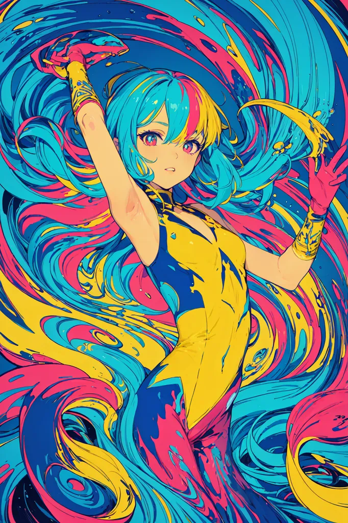 The image is a painting of a woman with long, flowing hair that is a mixture of blue, green, and yellow colors. She is wearing a yellow bodysuit with blue accents. She is standing in a colorful background with her arms outstretched. The painting has a very dynamic and energetic feel to it.