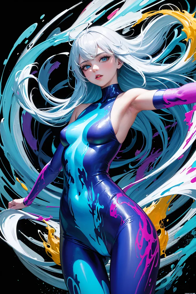 The image is a painting of a young woman with long white hair and blue eyes. She is wearing a blue and purple bodysuit. She is standing in a dark background with colorful splashes of paint.