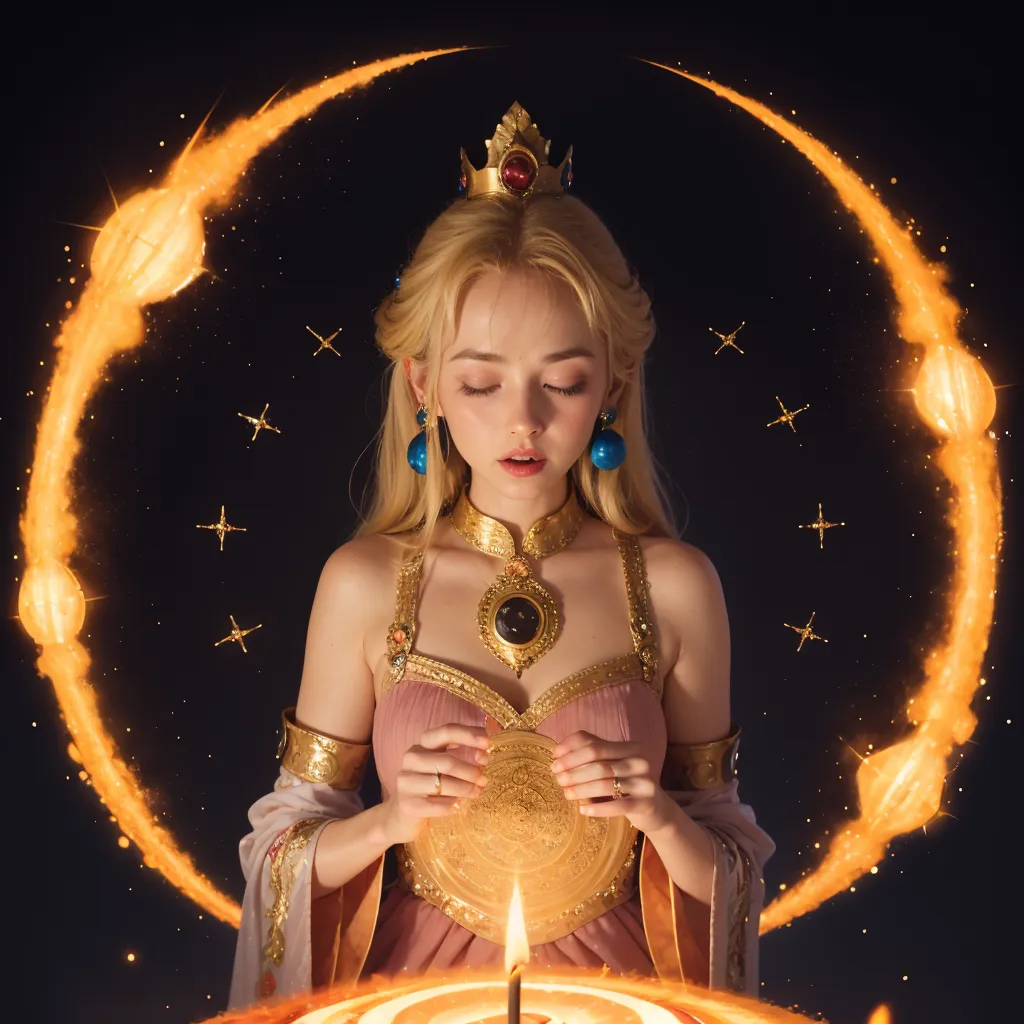 L'image montre une belle femme aux longs cheveux blonds portant une robe rose et une couronne dorée. Elle se tient devant un fond sombre avec un cercle de feu doré l'entourant. La femme a les yeux fermés et tient un objet doré dans ses mains. Elle porte un collier et des boucles d'oreilles en pierres bleues. L'image est très détaillée et réaliste.