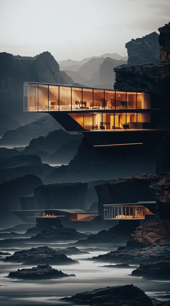 The image shows a modern house built on a cliff. The house is made of glass and steel and has a very minimalist design. The house is surrounded by mountains and the ocean. The water is very rough and there are large waves crashing against the rocks. The sky is dark and cloudy. The house is lit up from the inside, which creates a warm and inviting contrast to the dark and stormy weather outside.