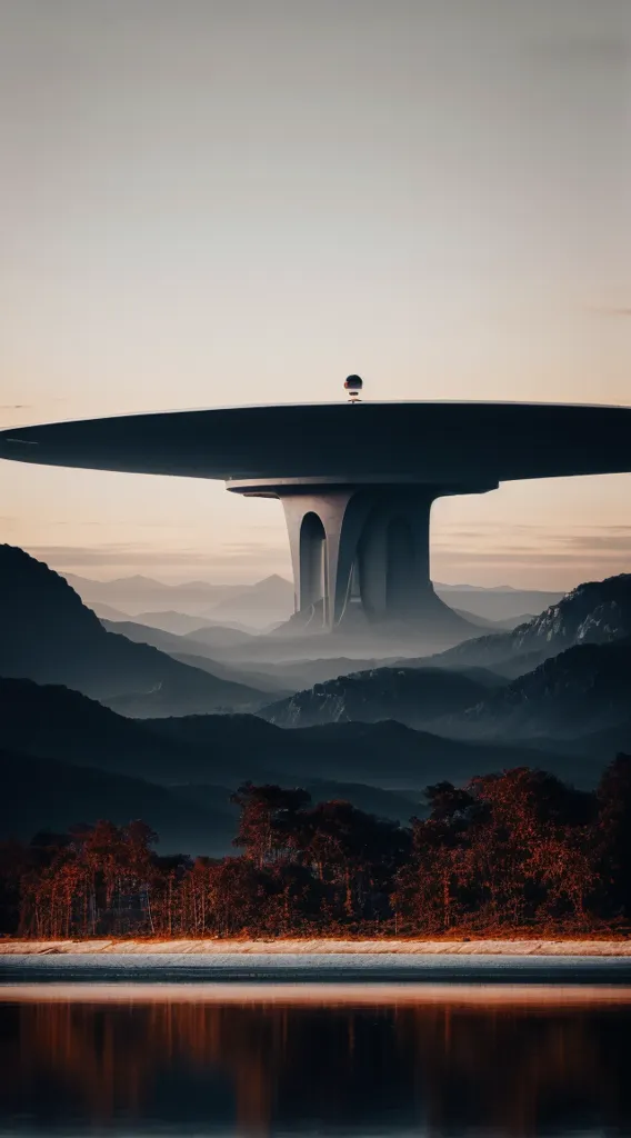 La imagen es un paisaje de un valle con un edificio grande y redondo a lo lejos. El edificio está soportado por una sola columna y tiene un techo plano y circular. El valle está rodeado de montañas y hay un río que lo atraviesa. El cielo está nublado y hay un atisbo de luz solar que se filtra a través de las nubes.