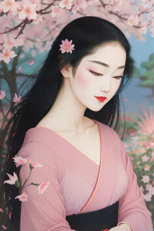 L'image est une peinture d'une belle femme asiatique. Elle a de longs cheveux noirs, du fard à paupières rose et des lèvres rouges. Elle porte un kimono rose avec un obi blanc. Elle se tient dans un jardin de cerisiers en fleurs. L'arrière-plan est un ciel bleu avec des nuages blancs. La peinture est réalisée dans un style réaliste et les couleurs sont vives et réalistes.