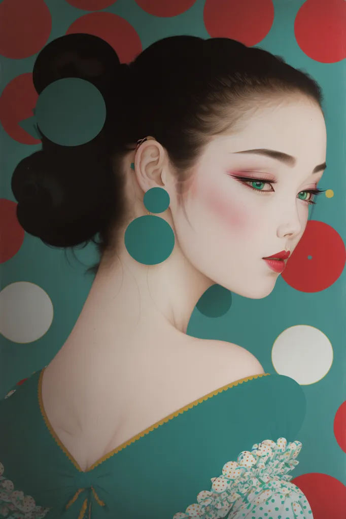 L'image montre une jeune femme aux longs cheveux noirs dans un style de coiffure traditionnelle japonaise. Elle porte un kimono vert avec des motifs floraux blancs et a des boucles d'oreilles vertes en forme de cercle. L'arrière-plan est rouge avec des pois blancs et verts. La femme regarde vers la droite du cadre avec une expression sérieuse sur son visage.