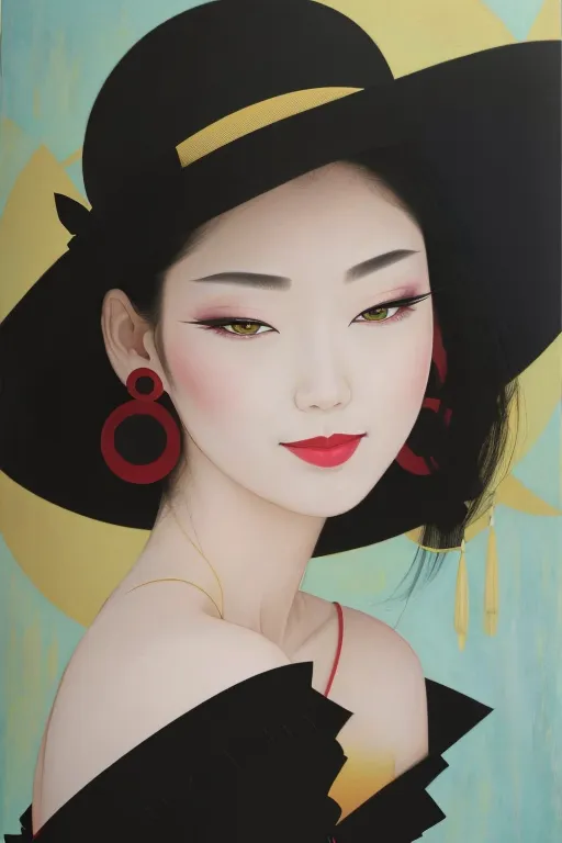 The image is a painting of a young woman with long black hair. She is wearing a black hat with a gold band and red earrings. Her dress is black and red. The background is a light blue-green color. The woman's expression is serious.