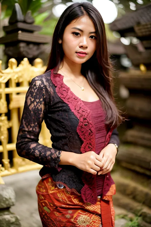 The image shows a young woman wearing a traditional Balinese outfit. She is wearing a black lace kebaya with a maroon sash, and a red and gold kain. She is also wearing a necklace and earrings. Her hair is long and black, and she is wearing makeup. She is standing in front of a Balinese temple.