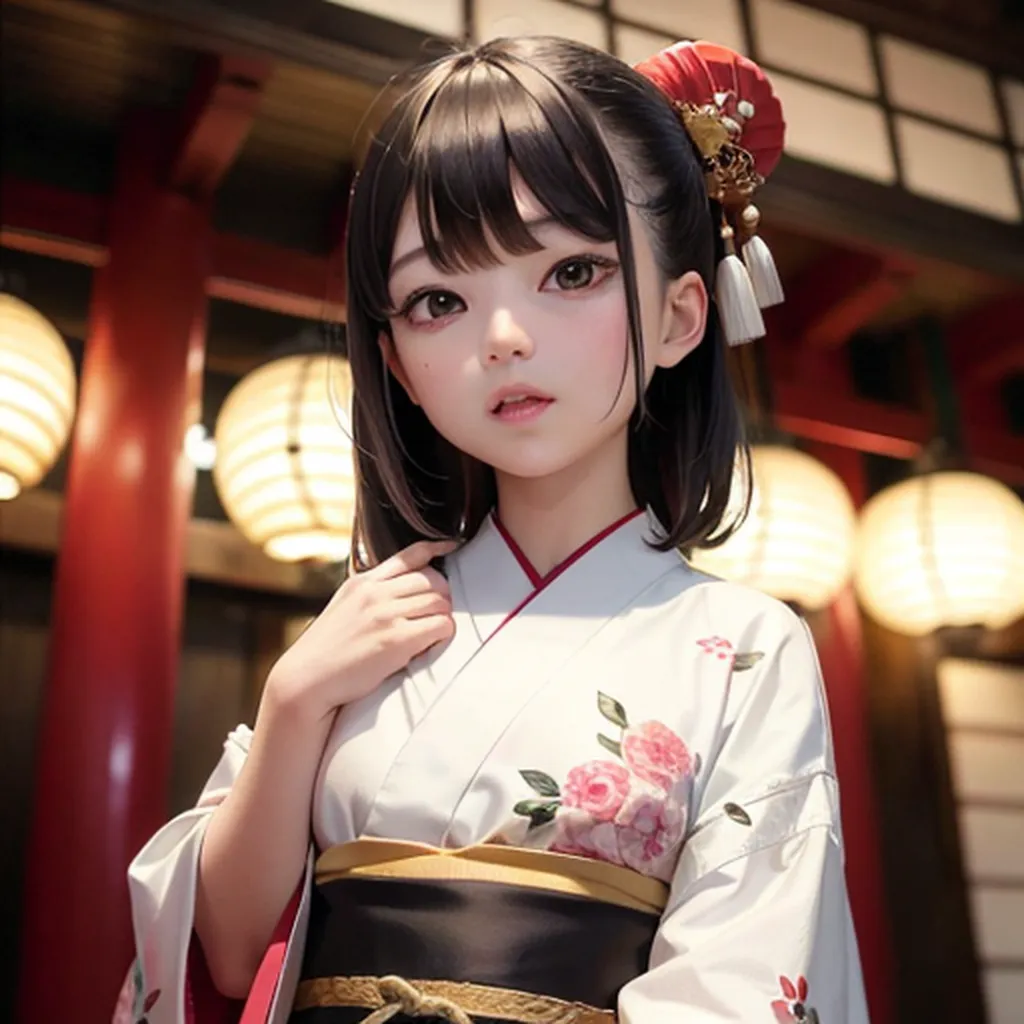 The picture shows a young girl with black hair and brown eyes. She is wearing a kimono with a floral pattern and a red obi. The kimono is white and has pink and red flowers. The obi is red with a white and gold pattern. The girl's hair is short and straight with bangs. She is standing in a traditional Japanese house with red walls and paper lanterns.