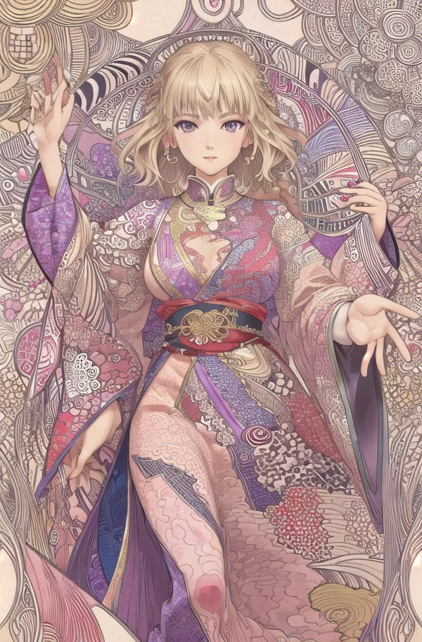 La imagen es una representación de una mujer que lleva un kimono. El kimono está decorado con patrones y diseños intrincados. La mujer tiene el cabello largo y rubio y ojos púrpura. Está de pie con los brazos extendidos, y su rostro es sereno. El fondo es de color rosa pálido, y hay varias flores pequeñas y delicadas dispersas alrededor de la mujer.