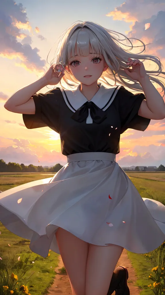 The image is a beautiful anime-style drawing of a young girl standing in a field of flowers. She has long white hair, blue eyes, and is wearing a black and white sailor-style outfit. The girl is smiling and has her arms outstretched to the sides. The sun is setting in the background, casting a golden glow over the scene. The image is peaceful and serene, and captures the beauty of the natural world.