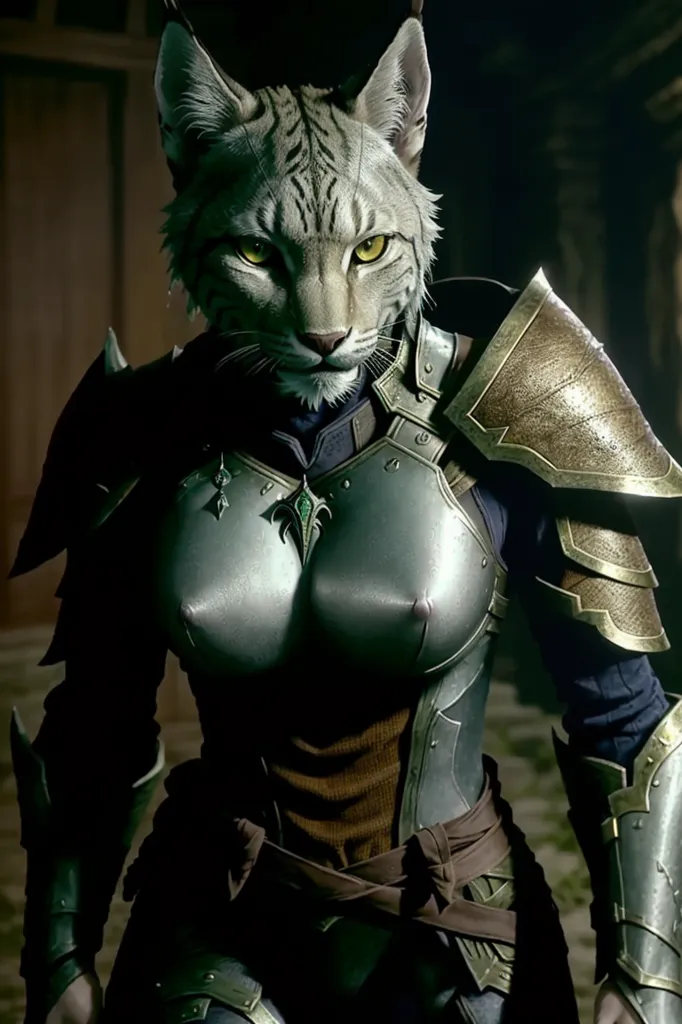 The image shows a female cat-like creature with green eyes and a human body. She is wearing a metal breastplate with shoulder pads and a brown belt. She has a determined expression on her face and is looking at the viewer with her head tilted slightly to the right. Her ears are pointed and she has a long tail.