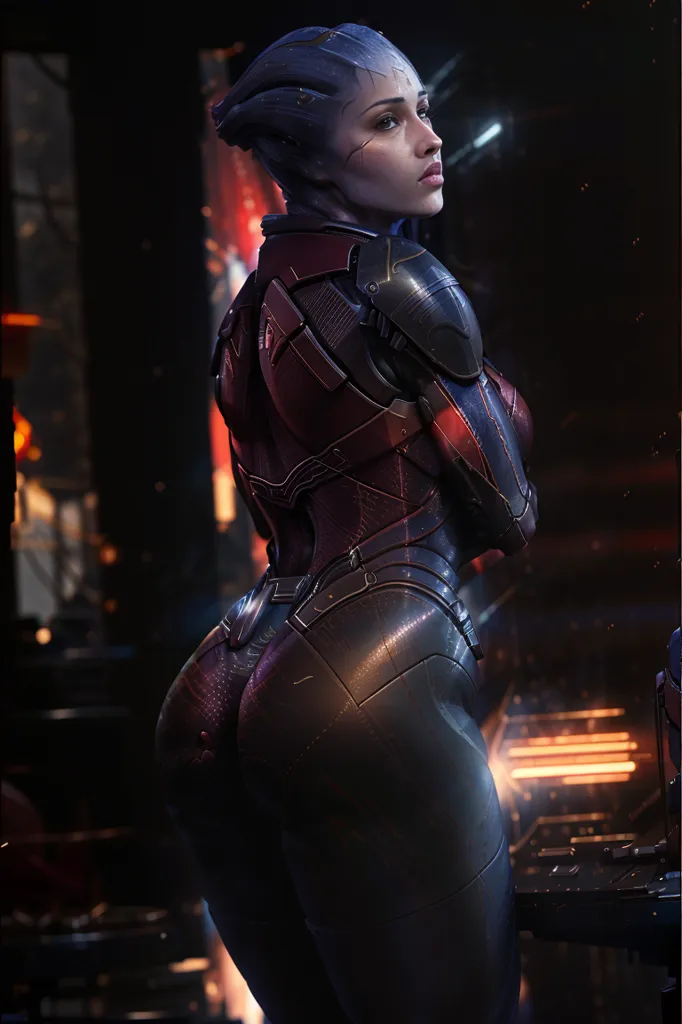 The image shows a woman of alien race with blue skin and black hair. She is wearing a black and red armor with a high collar and a large belt. The armor has several glowing elements and a large emblem on the back. She is standing in a dark room with a large window in the background. The window shows a city with many lights.