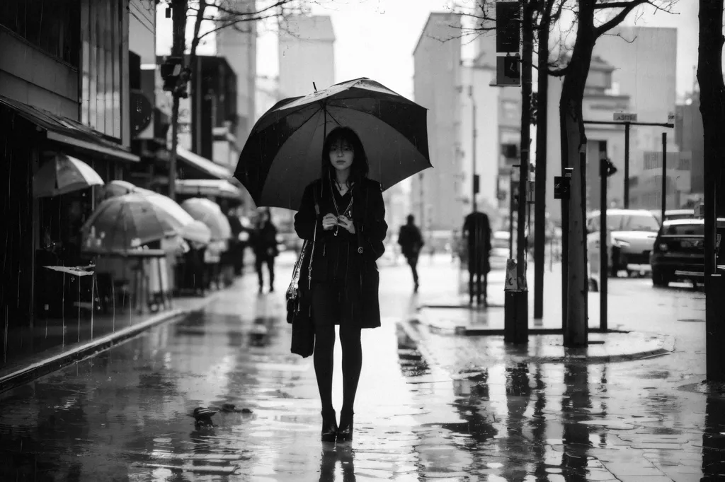 The image is in black and white. It is raining and the street is wet. There are people walking in the street with their umbrellas and a car is passing by. A woman with an umbrella is in the center of the image. She is wearing a long black coat and black boots. She is looking down at her phone.