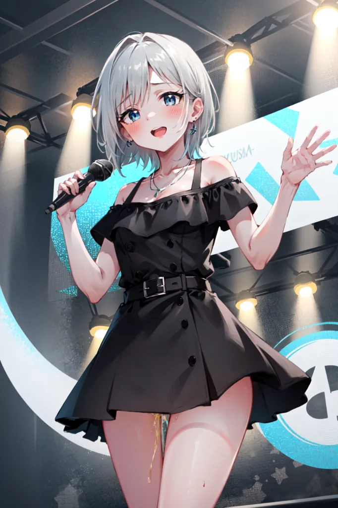 The image depicts a young woman with short white hair and blue eyes. She is wearing a black off-the-shoulder dress with a belt. She is holding a microphone in her right hand and has her left hand raised in the air. She is standing on a stage with spotlights shining down on her. There is a large screen behind her with a blue circle on it. The woman is smiling and looks excited.