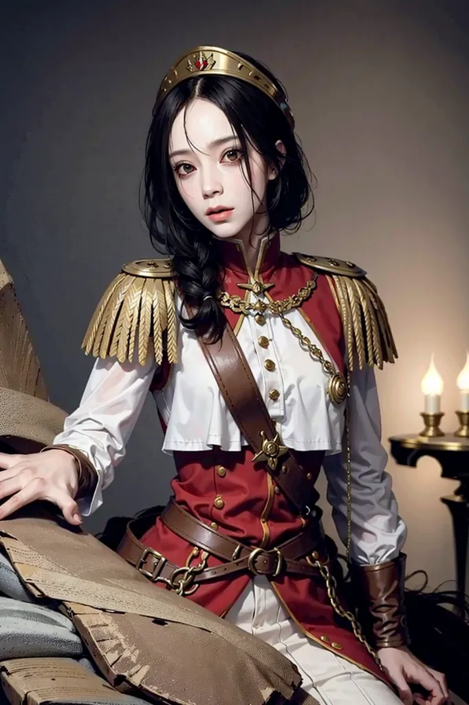 The picture shows a young woman in a white blouse and red jacket with gold epaulettes. She has long black hair and brown eyes. She is wearing a golden crown and there are two candles burning behind her.