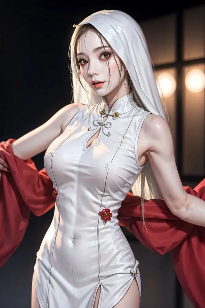 The image is of a beautiful woman with long white hair and light brown eyes. She is wearing a white cheongsam with red and gold trim. The cheongsam is sleeveless and has a high collar. She is also wearing a white headdress with a red flower on the side. The woman is standing in front of a dark background with two glowing orbs of light behind her.