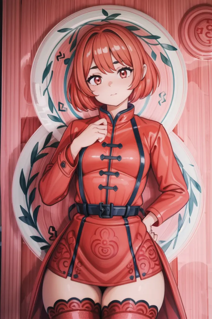 La imagen es una pintura digital de una mujer joven con cabello rojo y ojos marrones. Lleva un vestido de estilo cheongsam rojo con cuello blanco y cinturón negro. El vestido está decorado con botones dorados y tiene un cuello alto. También lleva medias rojas y botas negras. Su cabello es corto y está peinado en un bob con flequillo. Tiene una expresión tímida en su rostro y mira al espectador con la cabeza ligeramente inclinada hacia abajo. Está de pie frente a un fondo rosa con un patrón de platos blancos con hojas verdes.