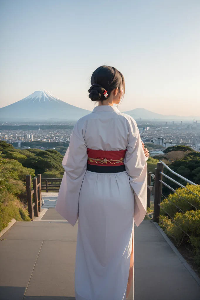 Uma mulher vestindo um quimono está em pé em uma plataforma de costas para a câmera. Ela está olhando para o Monte Fuji ao longe. O céu está claro, com algumas nuvens ao fundo. A cidade de Tóquio pode ser vista ao fundo. A mulher está vestindo um quimono branco com um obi vermelho e dourado. Seu cabelo é escuro e preso em um coque. Ela está usando sandálias japonesas tradicionais.