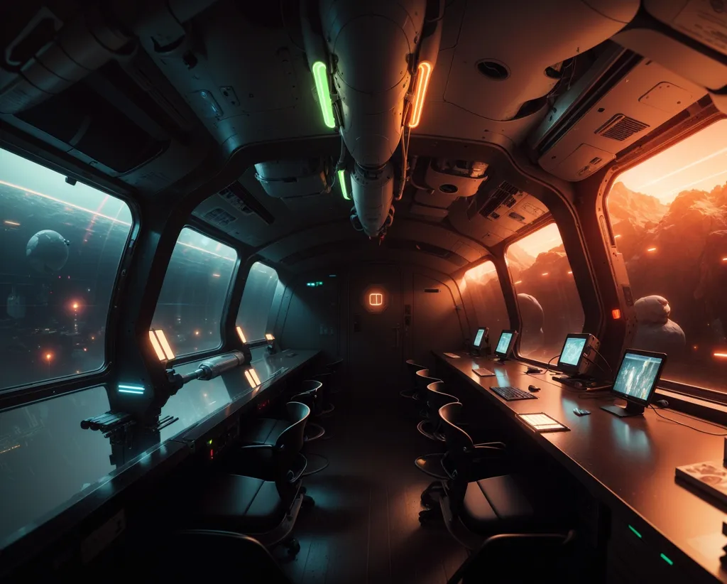 The image is set in a spaceship. There are three chairs in the center of the image. There are computer monitors and keyboards on the table in front of the chairs. There are two large windows on the left and right sides of the image. There is a door on the back wall. The walls are lined with control panels. There is a green light on the ceiling. The image is dark and moody.