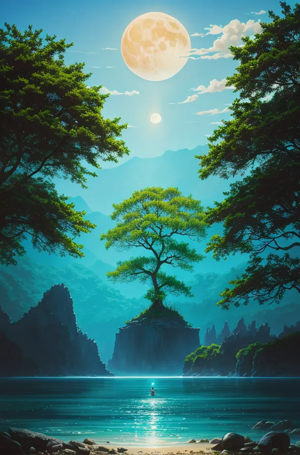 The image is a beautiful landscape painting. It shows a large tree in the center of a lake. The tree is surrounded by mountains and there is a bright moon in the sky. The water in the lake is calm and there is a small boat on the shore. The painting is done in a realistic style and the colors are vibrant and lifelike.