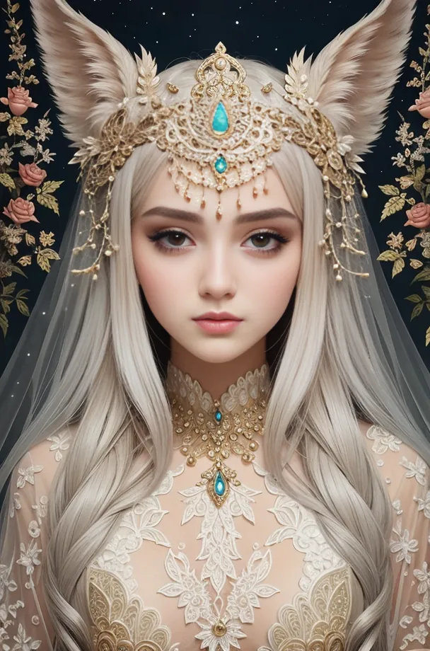 L'image est un portrait d'une belle jeune femme aux longs cheveux blancs ondulants. Elle porte une robe blanche avec un overlay en dentelle et un collier en or avec une grosse pierre bleue au centre. Elle a également une couronne en or sur la tête avec deux grandes oreilles de renard qui en dépassent. L'arrière-plan est bleu foncé avec un ciel étoilé et quelques fleurs roses sur le côté gauche.